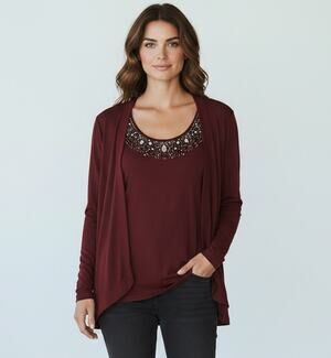 Talbots Beaded Burgundy Twinset Cardigan & Scoop Shell Top Set Women's L 2-Pc